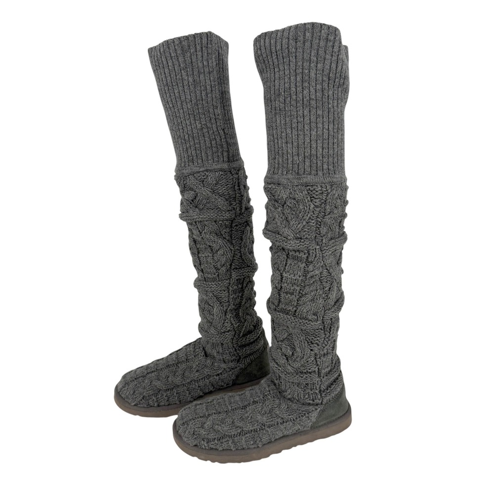 UGG Over The Knee Twisted Cardy Grey Cable Knit Sweater Tall Boots Womens 8 Sock